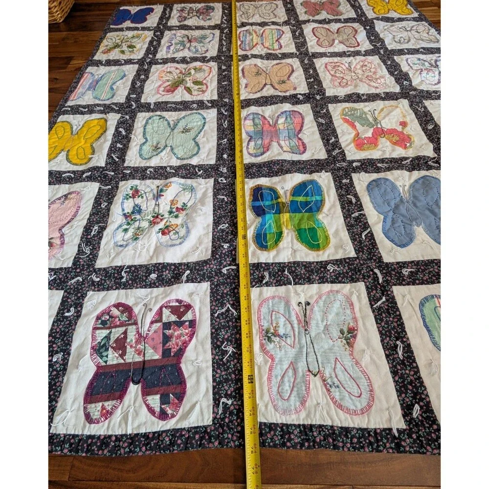 Vtg Handmade Butterfly Twin Quilt Navy Flower Back & Multicolor Hand Embroidery